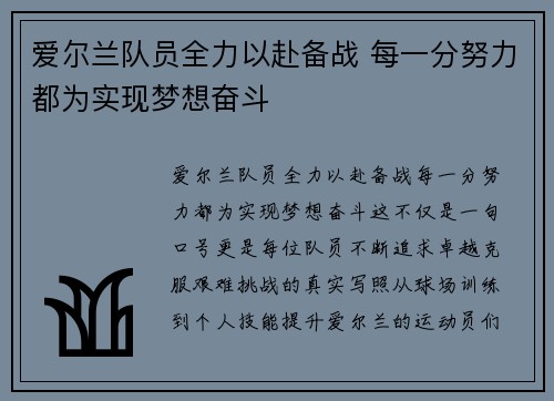 爱尔兰队员全力以赴备战 每一分努力都为实现梦想奋斗
