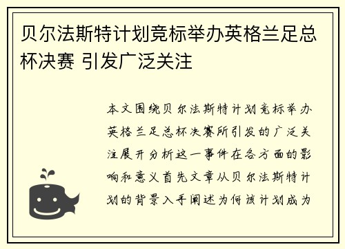 贝尔法斯特计划竞标举办英格兰足总杯决赛 引发广泛关注