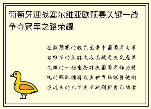 葡萄牙迎战塞尔维亚欧预赛关键一战争夺冠军之路荣耀