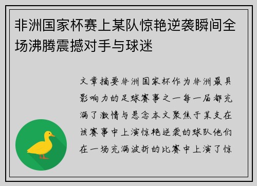 非洲国家杯赛上某队惊艳逆袭瞬间全场沸腾震撼对手与球迷