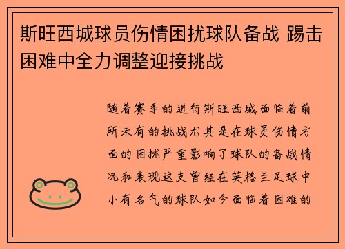 斯旺西城球员伤情困扰球队备战 踢击困难中全力调整迎接挑战
