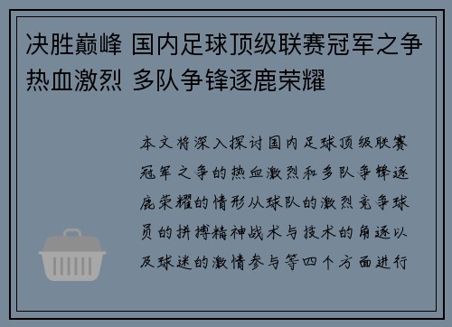 决胜巅峰 国内足球顶级联赛冠军之争热血激烈 多队争锋逐鹿荣耀
