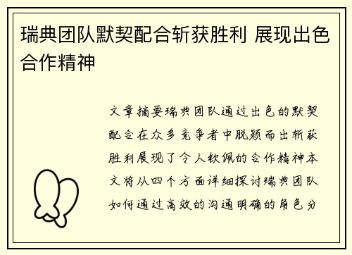 瑞典团队默契配合斩获胜利 展现出色合作精神