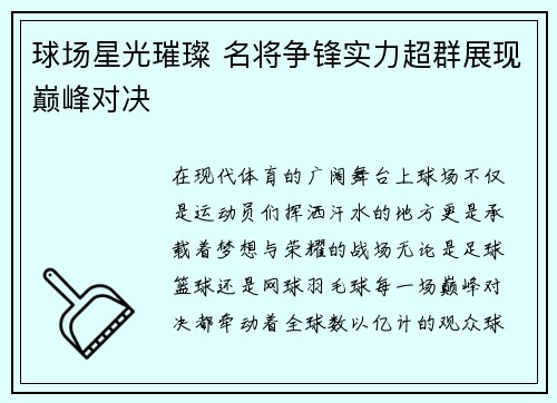 球场星光璀璨 名将争锋实力超群展现巅峰对决
